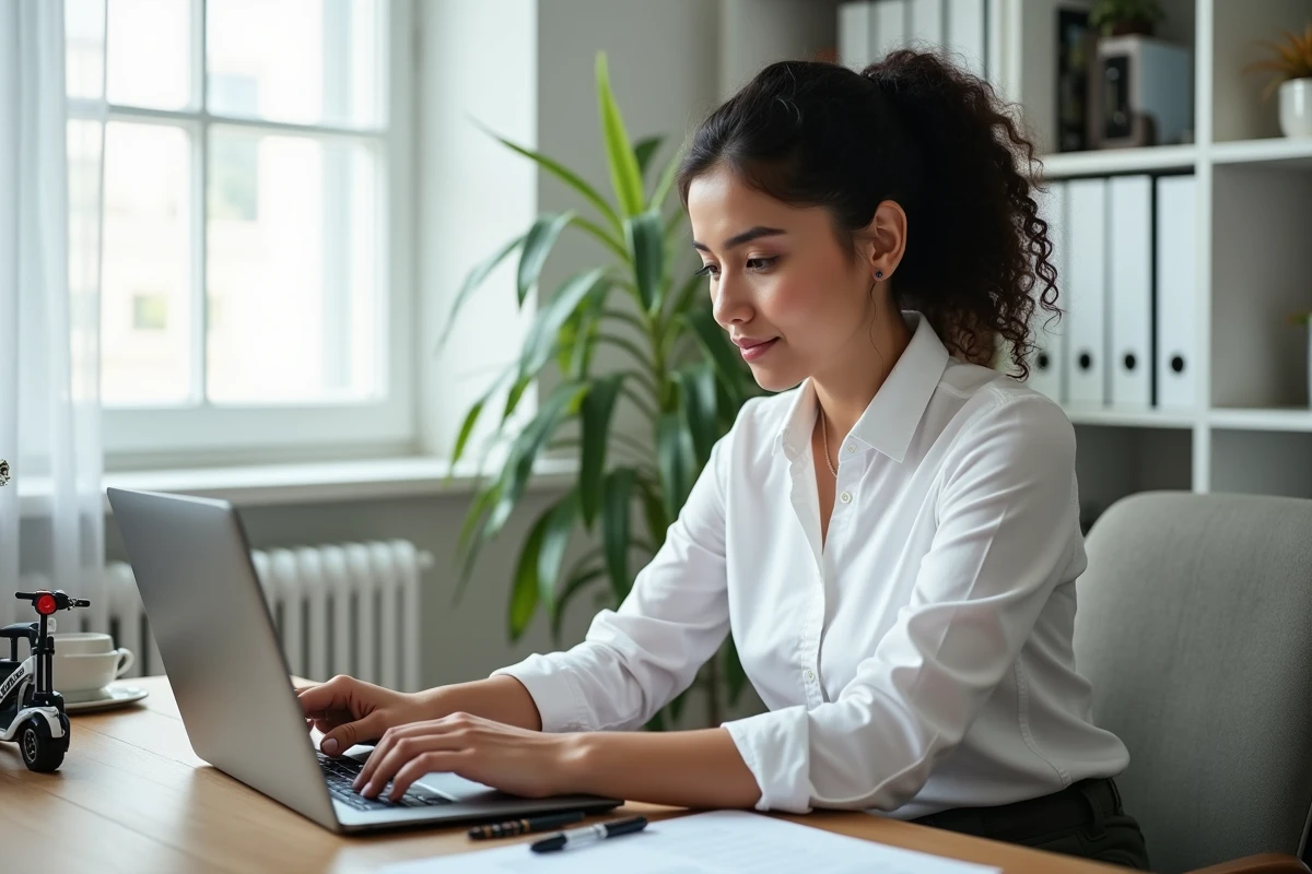 Femme consultant des documents administratifs sur les aides financières pour scooter électrique PMR à domicile devant un ordinateur