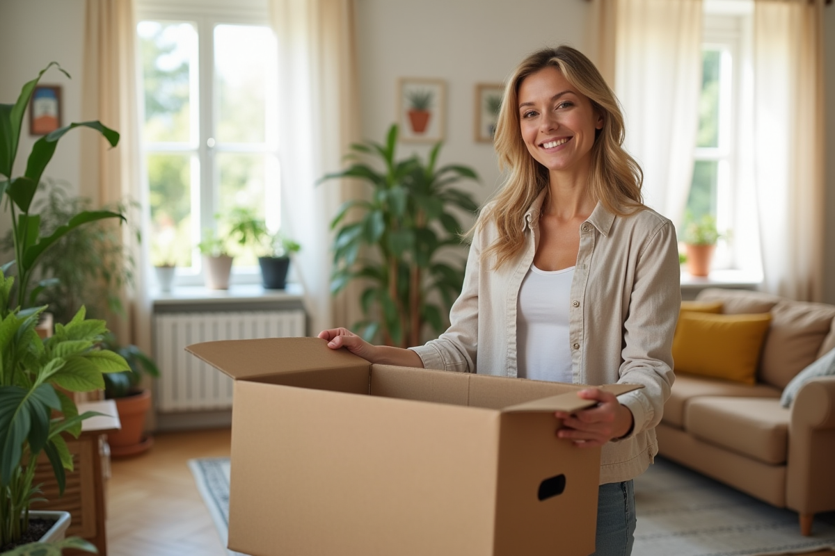Femme souriante préparant ses cartons dans un salon lumineux