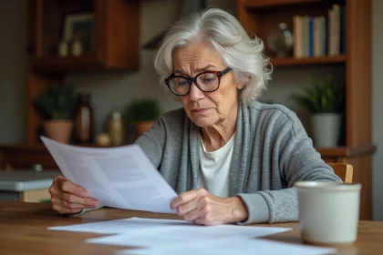 Femme adulte consultant des documents légaux de curatelle à la table de cuisine familiale