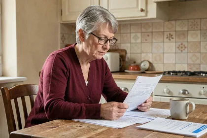 Femme d'âge mûr examinant des documents administratifs liés à la pension d'invalidité à son domicile