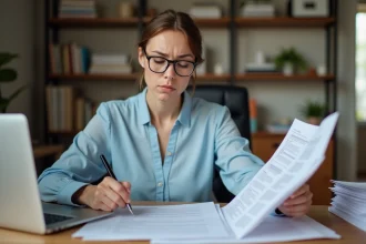 Femme consultant un dossier administratif refusé pour le chèque vacances Scolinfo à son bureau