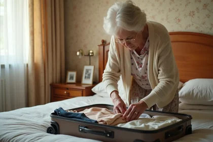 Femme &acirc;g&eacute;e plie des v&ecirc;tements dans une chambre chaleureuse