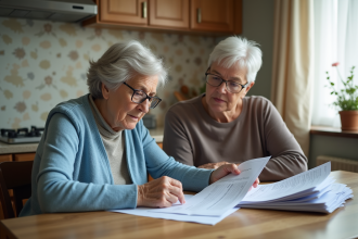 Femme âgée avec sa fille étudiant des documents financiers