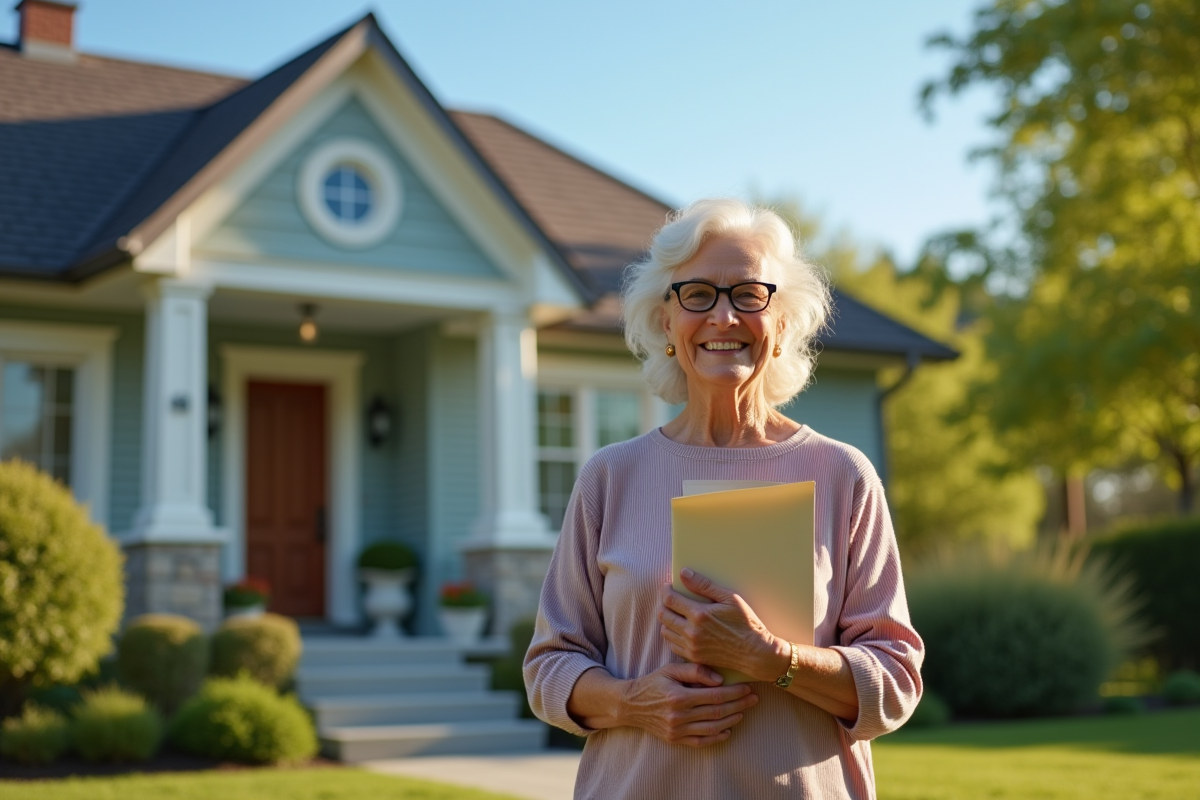 Femme âgée devant sa maison avec une lettre et boîte aux lettres