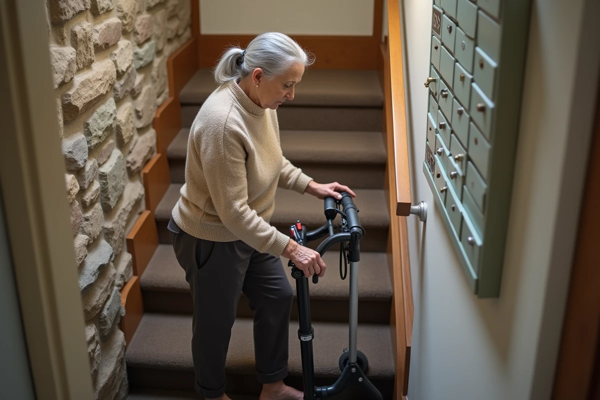 Femme âgée préparant un monte-escalier dans un appartement