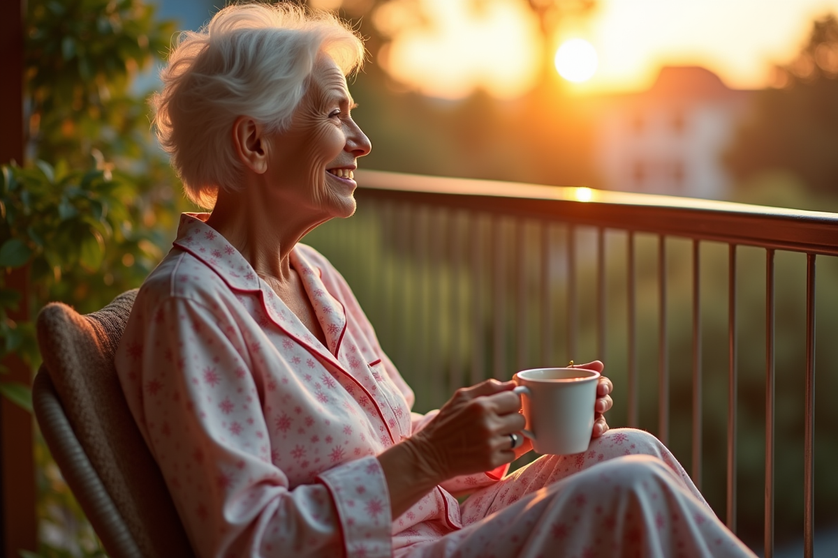 Femme âgée relaxée sirotant une tisane sur un balcon ensoleillé
