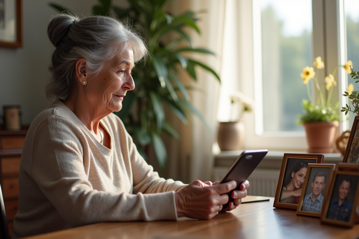 Femme âgée utilisant une tablette à la maison