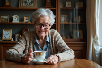 Femme âgée examine une tasse en porcelaine vintage