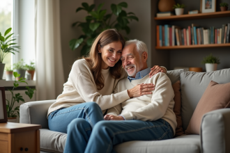 Femme en jeans et sweater embrassant son père âgé dans un salon chaleureux