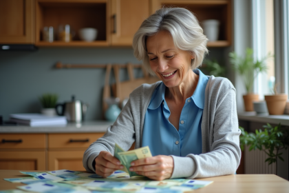 Femme comptant des billets euro dans une cuisine moderne