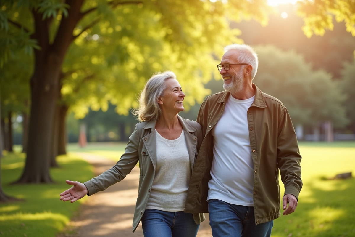 Femme et homme souriants dans un parc ensoleille