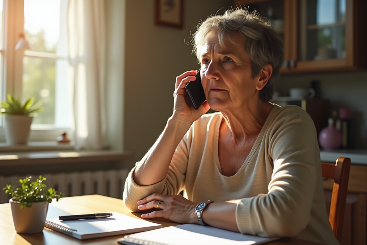 Femme inquiète au téléphone dans la cuisine en journée