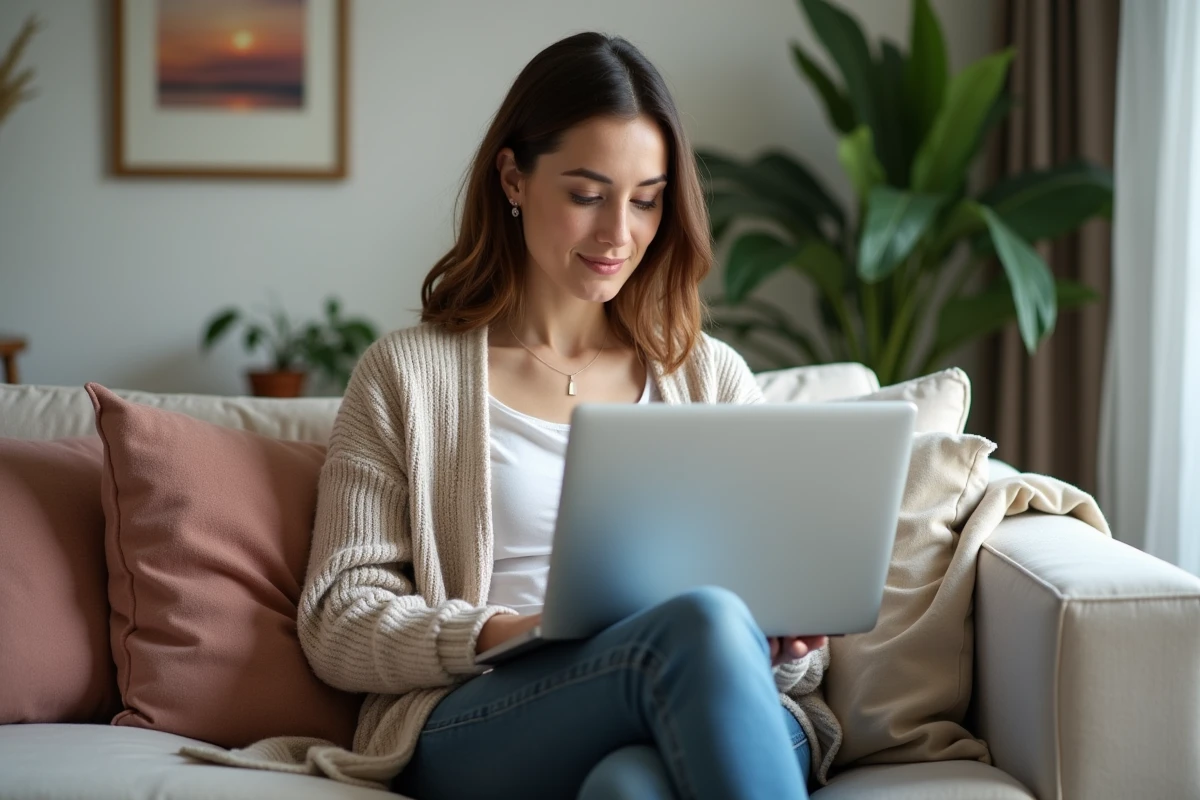 Jeune femme lisant sur son ordinateur portable dans le salon