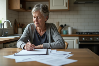 Femme d'âge moyen lisant des papiers dans une cuisine lumineuse