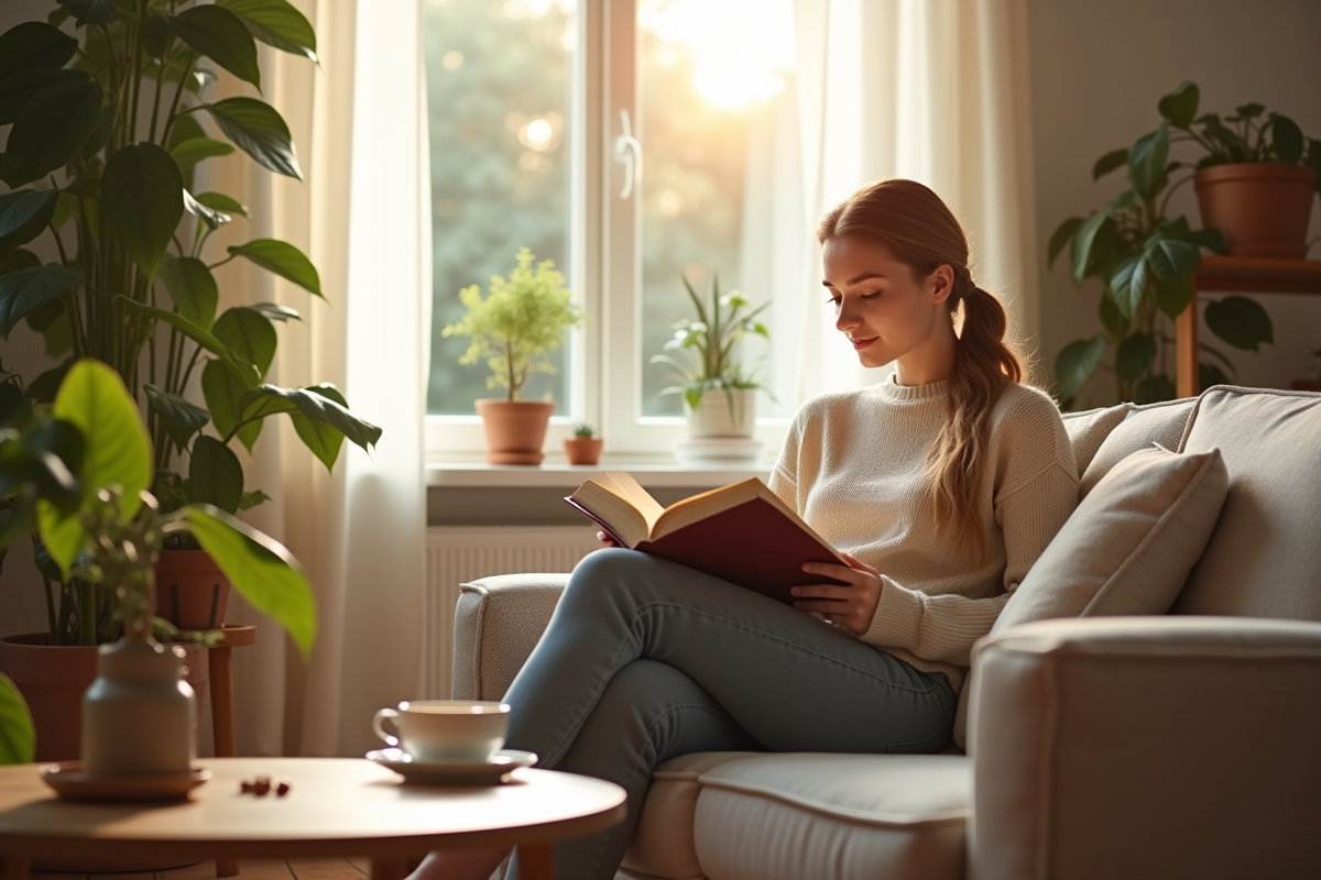 Jeune femme lisant dans un salon lumineux et cosy