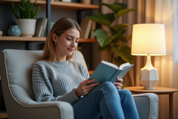 Femme lisant dans un salon moderne avec lampe de thérapie