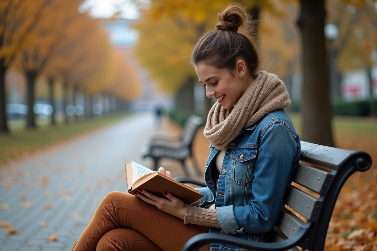 Jeune femme lisant dans un parc en automne