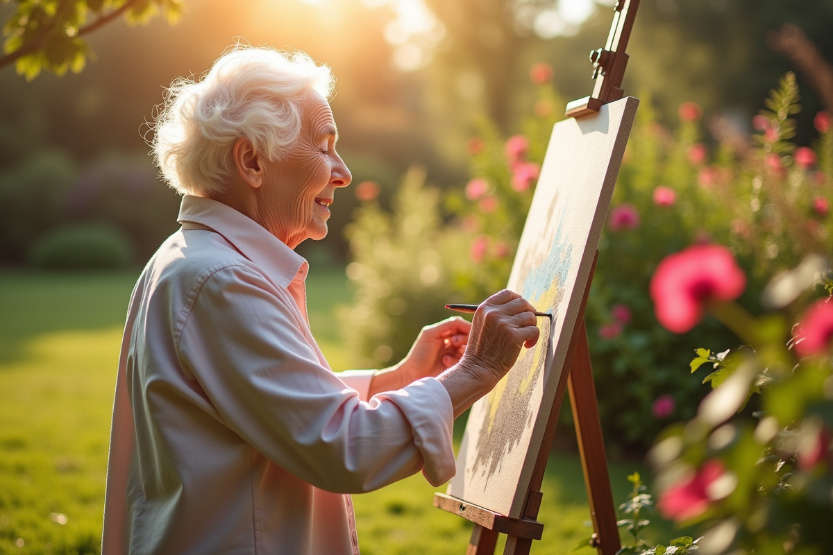 Femme âgée peignant dans un jardin ensoleille