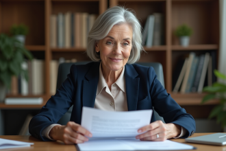 Femme d'âge mûr en réunion de travail dans un bureau moderne