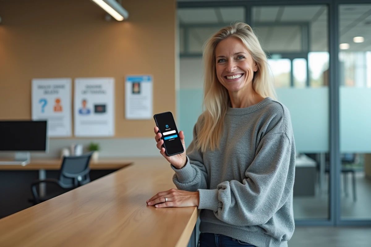 Femme confiante utilisant son smartphone pour retraite btp