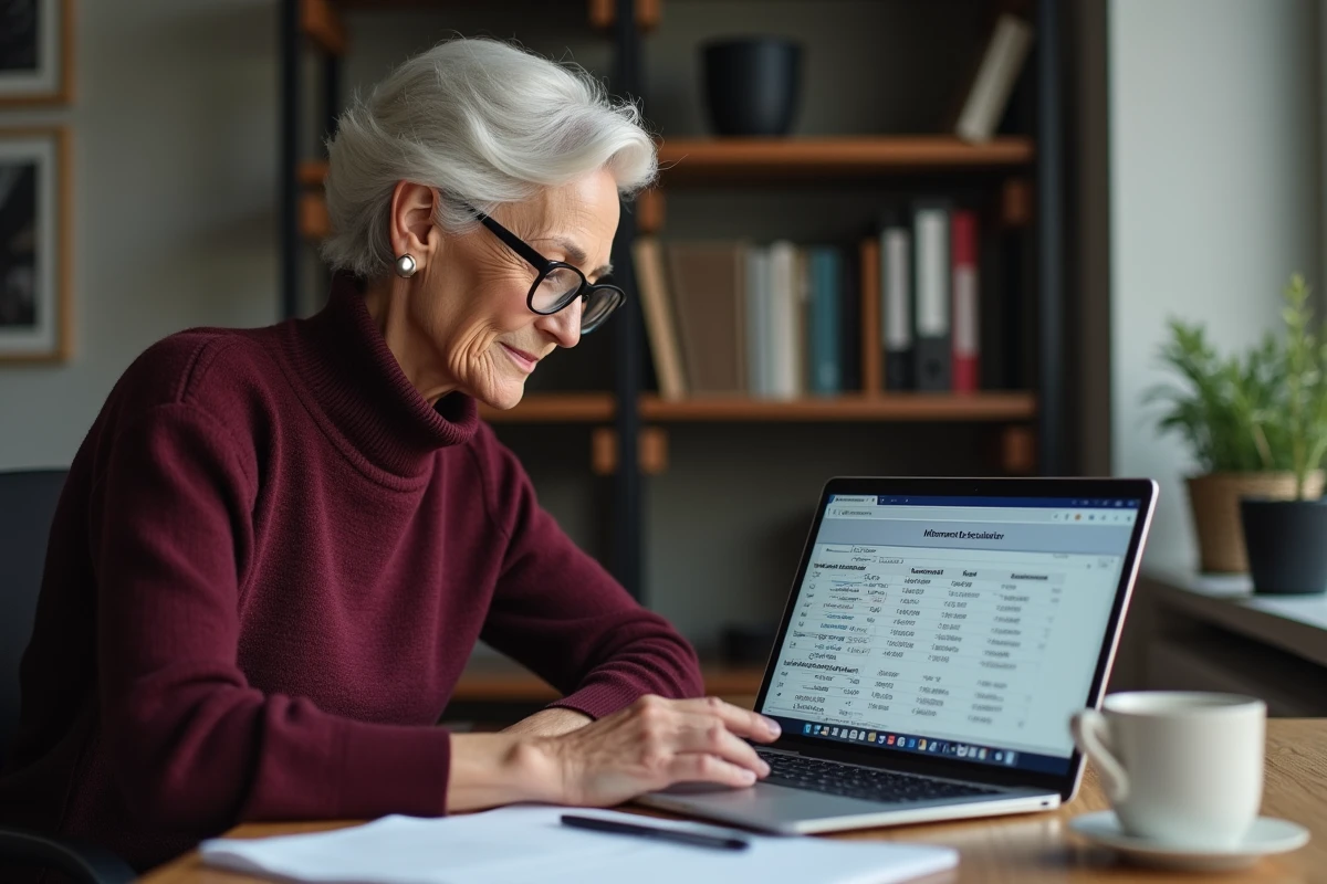 Femme retraitée célibataire calculant seule ses impôts sur ordinateur