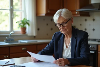 Femme retrait&eacute;e examinant ses documents de retraite et trimestres manquants &agrave; sa table de cuisine