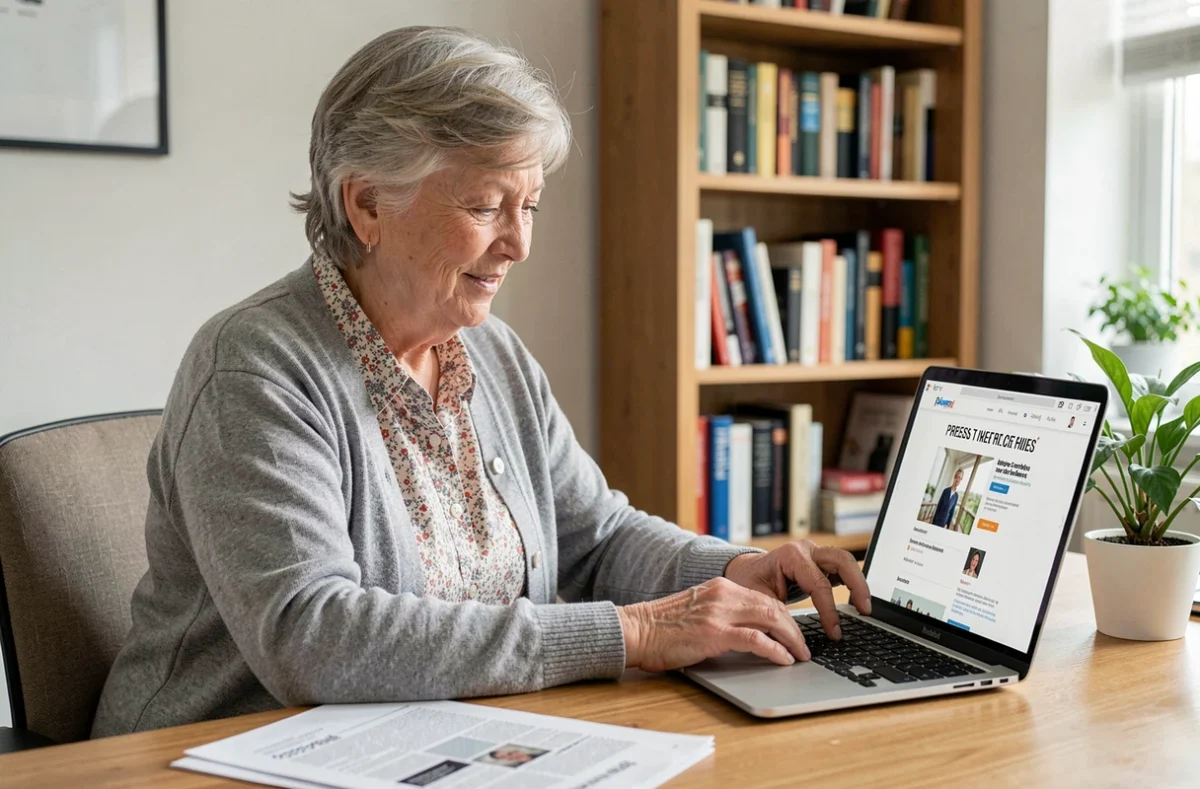 Femme retraitée lisant la presse numérique sur ordinateur via un kiosque en ligne