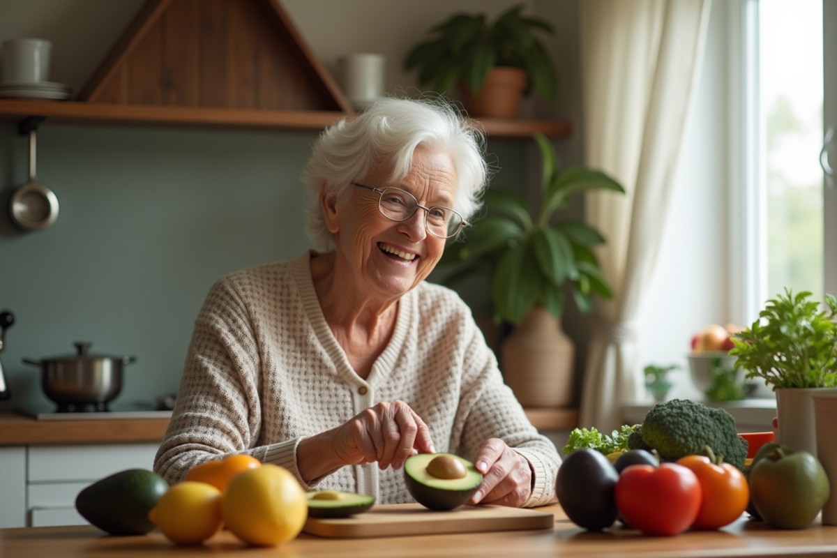 Femme âgée souriante préparant une salade à l'avocat