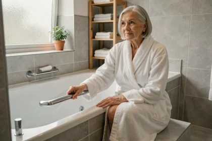 Femme âgée utilisant une baignoire PMR à entrée basse dans une salle de bain adaptée et sécurisée
