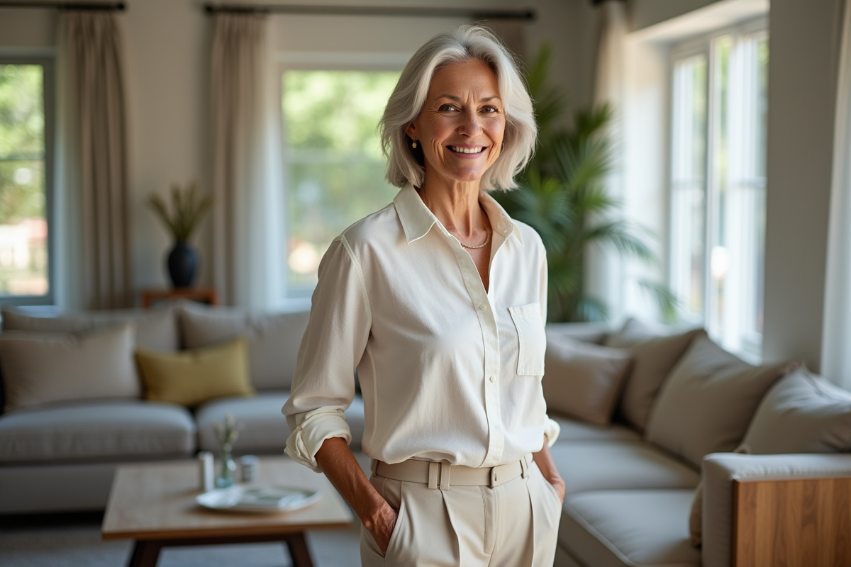 Femme senior élégante dans un salon lumineux et moderne