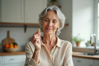 Femme senior tenant une gélule de complément alimentaire Azinc dans sa cuisine moderne