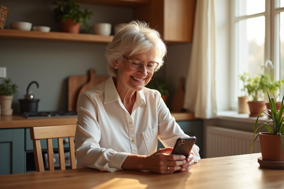 Femme senior souriante utilisant un iPhone moderne dans la cuisine
