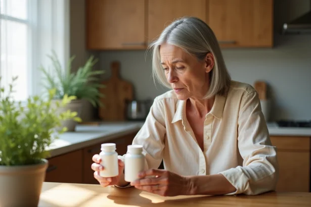 Femme de 55 ans lisant les contre-indications sur un flacon de compléments alimentaires Bion 3 Senior dans une cuisine chaleureuse