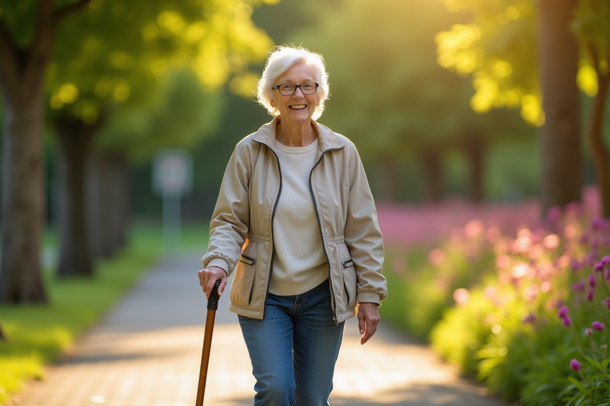 Femme senior souriante marche dans un parc ensoleille avec une canne en bois