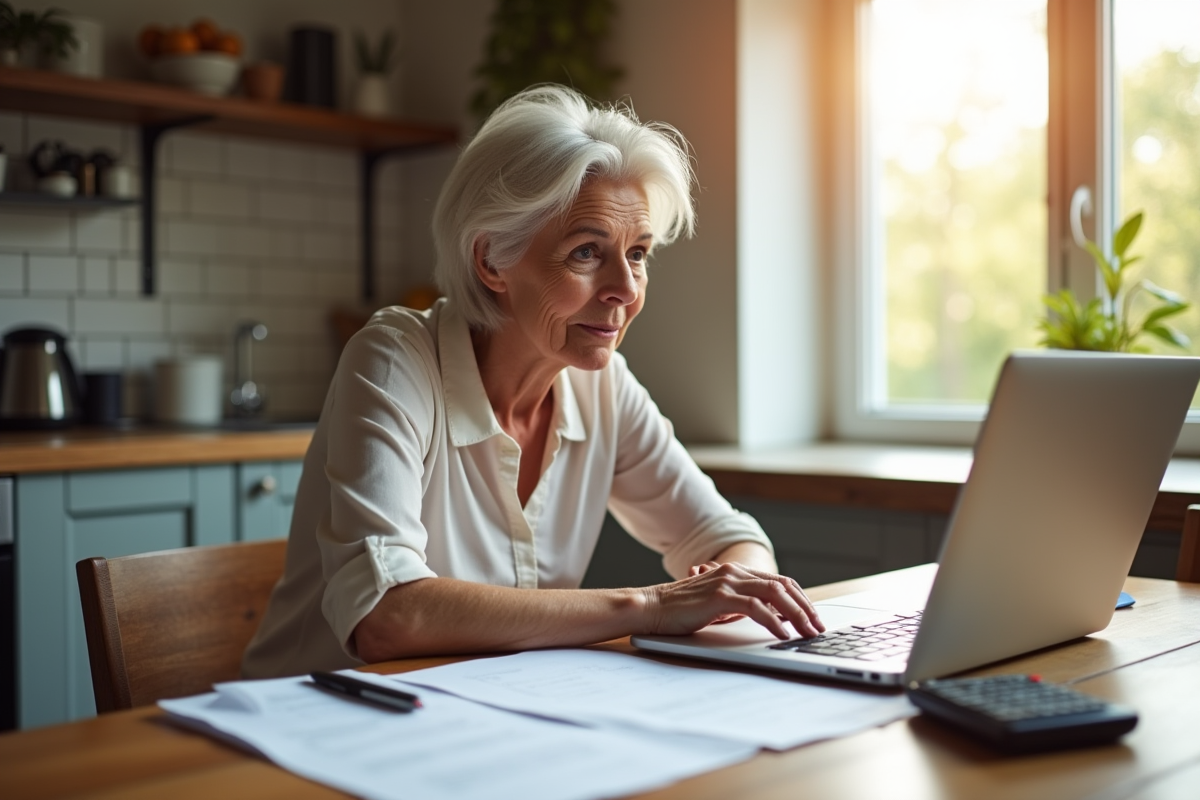 Femme senior concentrée à la cuisine avec documents et ordinateur