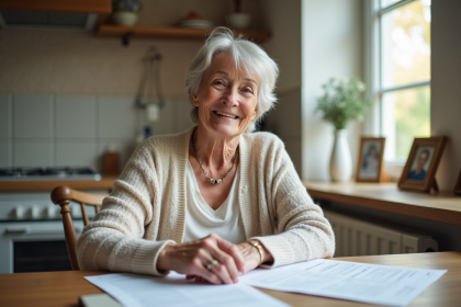 Femme senior souriante avec documents à la maison