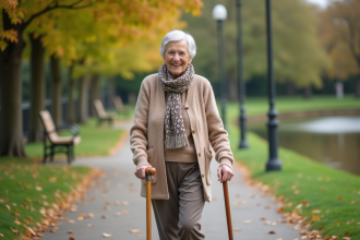 Femme âgée marchant dans un parc en automne avec un canne