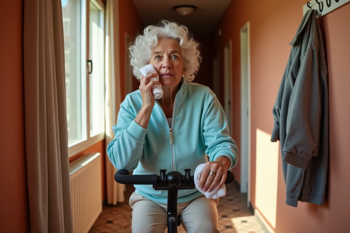 Femme senior de 70 ans se reposant après une séance sur son vélo d'appartement dans un couloir ensoleillé, essuyant son visage avec une serviette, ambiance appartement européen