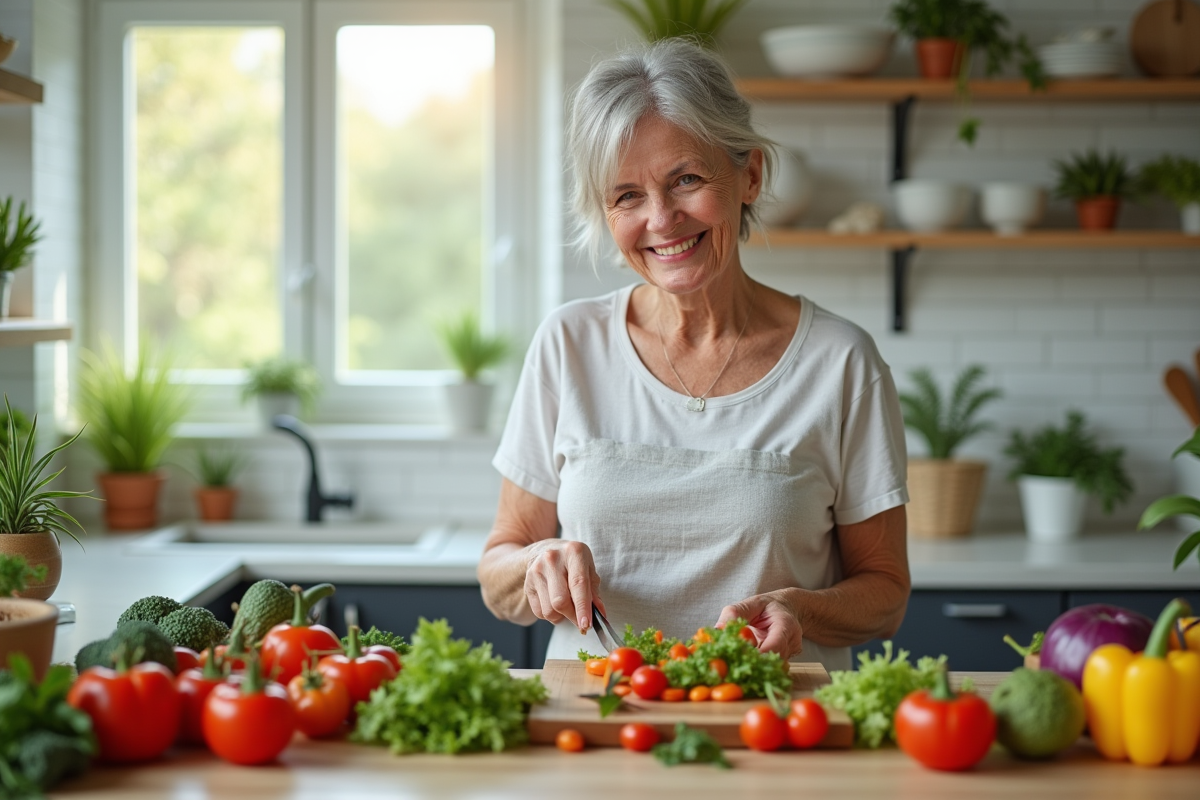 Femme senior souriante préparant une salade colorée dans une cuisine lumineuse