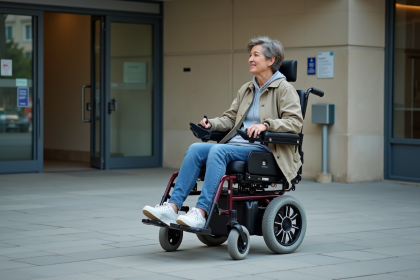 Femme d'âge moyen en fauteuil électrique près d'un bâtiment public