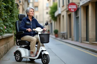 Femme senior assise sur un scooter électrique PMR blanc dans une rue de ville française, illustrant l'accessibilité et la mobilité réduite