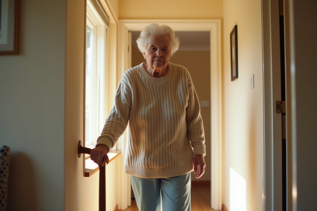Femme senior marchant dans un couloir lumineux de sa maison