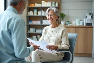 Femme senior souriante assise sur un siège de toilette en pharmacie