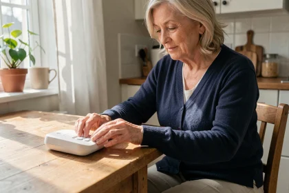 Femme âgée utilisant un dispositif de télégestion à domicile Logifil posé sur une table de cuisine en bois