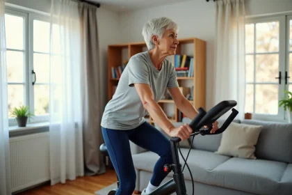 Femme senior de 72 ans pédalant sur un vélo appartement dans son salon, tenue sportive grise et bleue, ambiance domestique chaleureuse