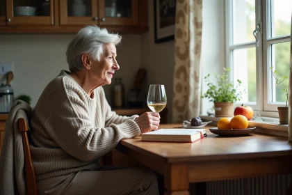 Femme &acirc;g&eacute;e assise &agrave; la cuisine avec verre de vin