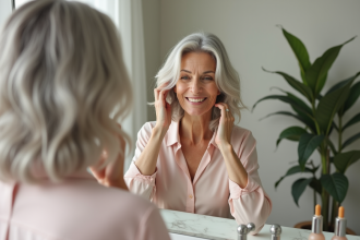 Femme de 66 ans se coiffant dans la salle de bain