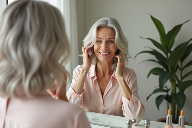 Femme de 66 ans se coiffant dans la salle de bain