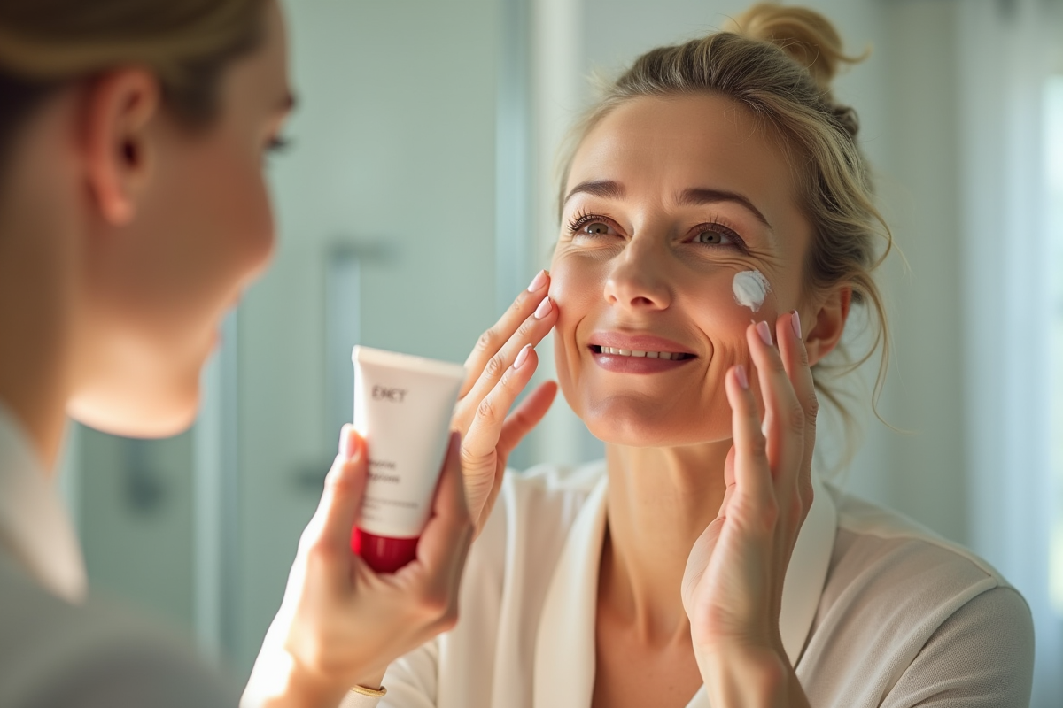 Femme appliquant une creme visage dans une salle lumineuse