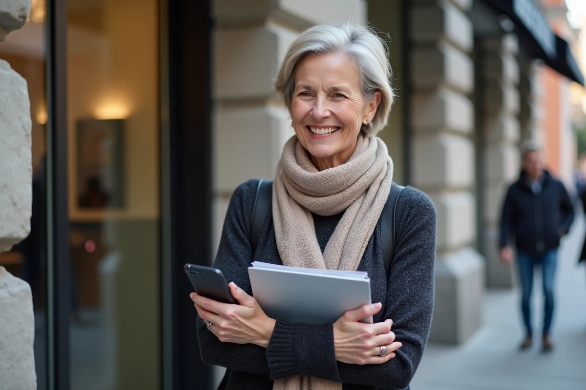 Femme souriante v&eacute;rifiant son t&eacute;l&eacute;phone pr&egrave;s de la banque
